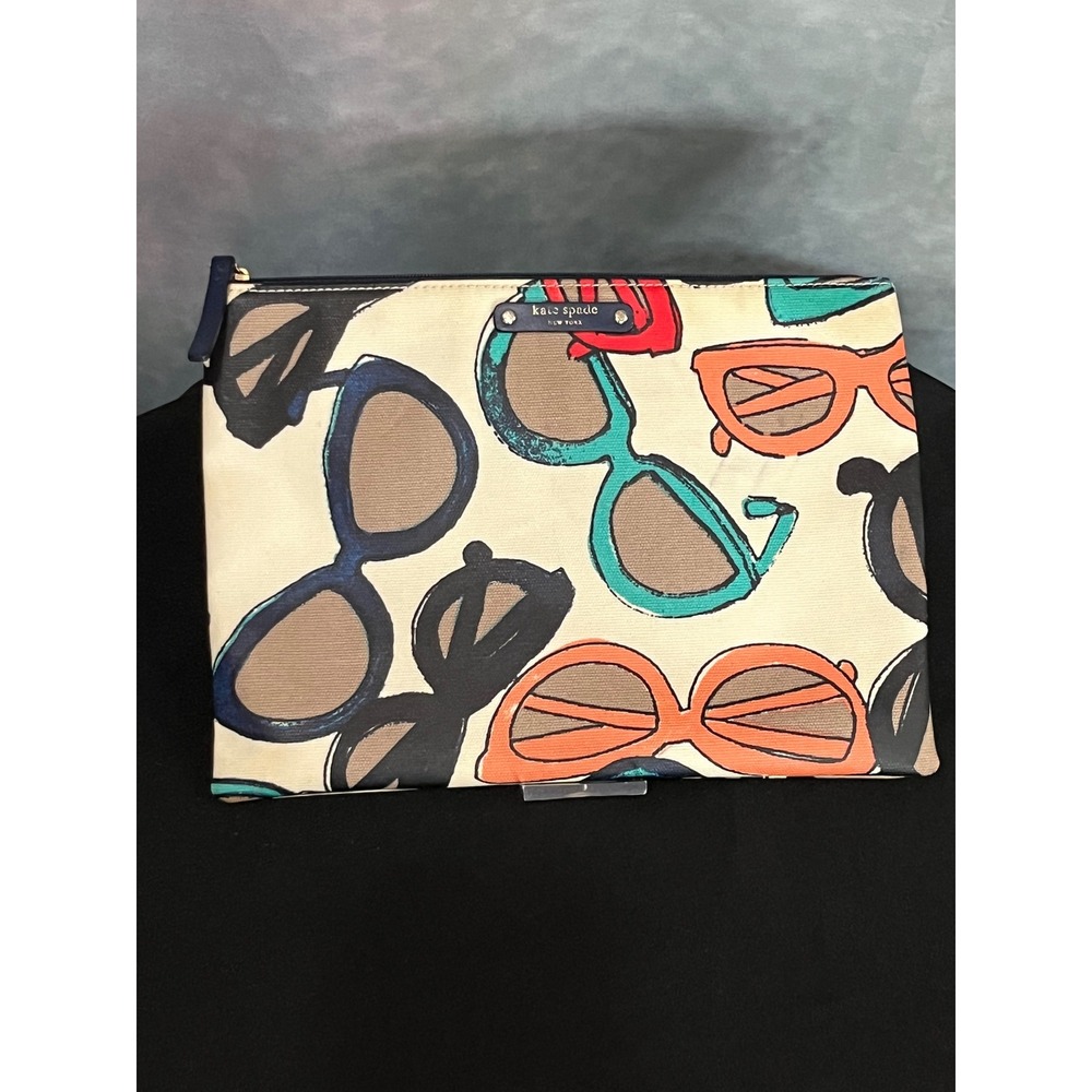 Kate Spade New York Sunglasses Print Canvas Zip Clutch Bag Navy